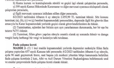 Deprem Bölgesindeki Çalışan Kamu Görevlilerine Tazminat.